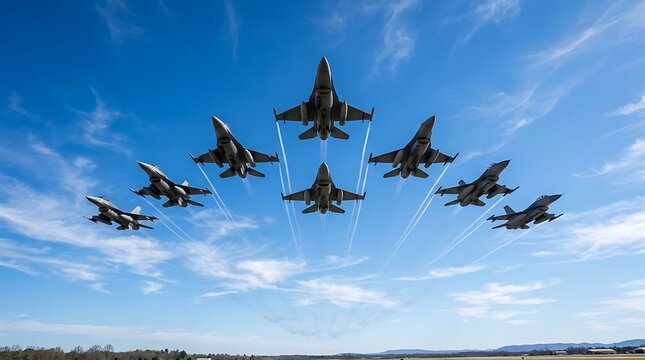 Formation of eight military fighter jets flying in precision delta formation across clear blue sky with aircraft military aviation formation