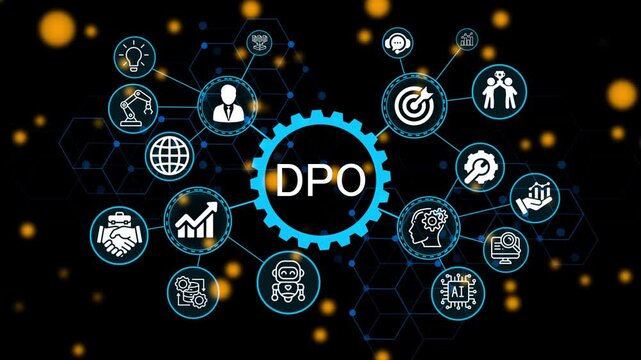 DPO, business concept. Modern business technology interface with gears and digital network icons. 4k animation video 