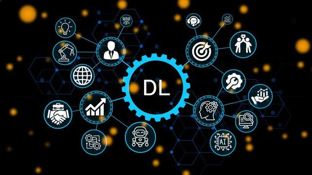 DL, business concept. Modern business technology interface with gears and digital network icons. 4k animation video 