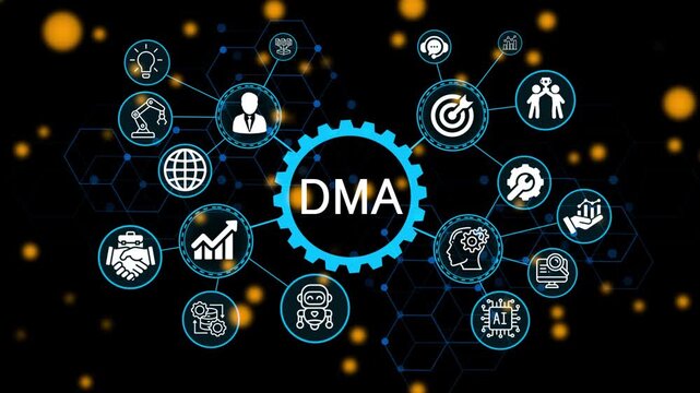 DMA, business concept. Modern business technology interface with gears and digital network icons. 4k animation video 