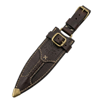 Vintage leather dagger sheath with brass fittings and embossed details on transparent background.