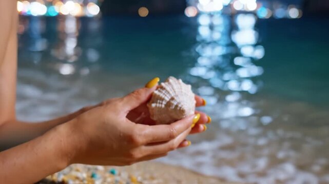 A Serene Night by the Shore: A Young Woman Holding a Shell with Moonlight Reflected on Water Displaying a Tranquil Atmosphere of Nature's Beauty