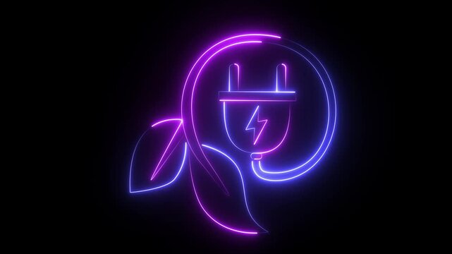 A digital graphic representing green energy, featuring a neon-style electric plug and leaf.