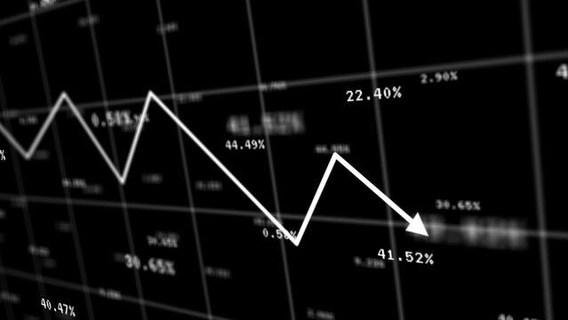 Stock market arrow line chart displaying falling price and economic crash representing financial crisis investment loss and global recession on digital screen table