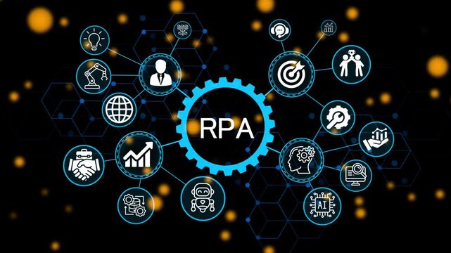 RFA, business concept. Modern business technology interface with gears and digital network icons. 4k animation video 