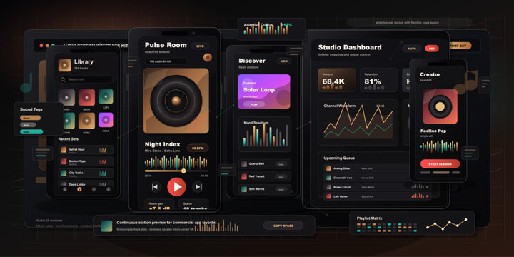 Digital dashboard displays tools for sound and music production and management on a computer screen in a modern design