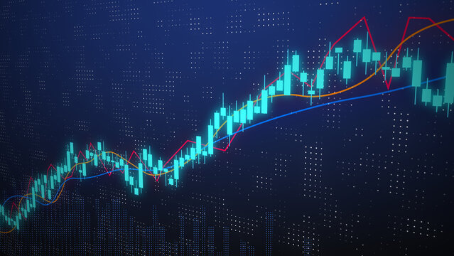 Financial blue abstract background with uptrend candle stick pattern of stock market, investment growth business