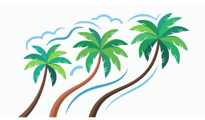 Obraz premium Tropical Palm Tree Illustration with Blue Sky Clouds and Summer Beach Nature Scene