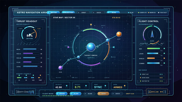 Astro navigation array showing a star map and flight controls with data readouts for space travel