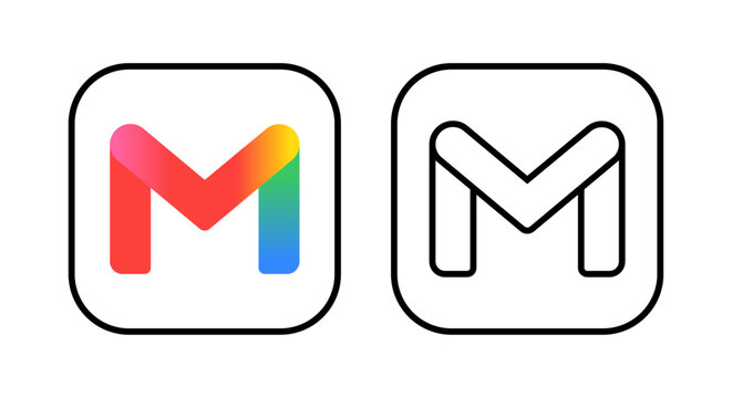 New Gmail app icon in original and outline line style. Vector set of two icons isolated on transparent background for illustrative editorial use