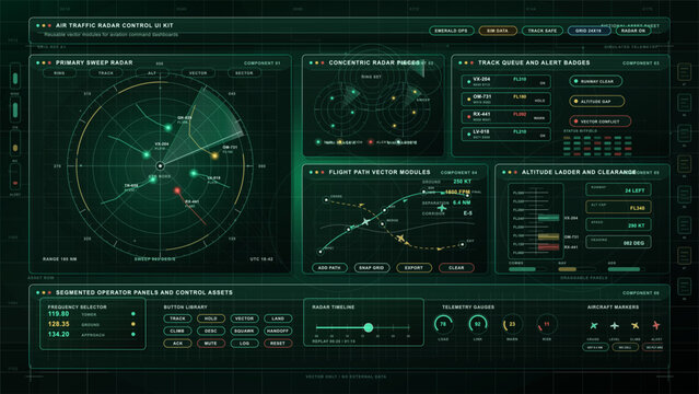 Control screen shows air traffic radar with flight paths and alerts for aircraft in a busy airspace scenario