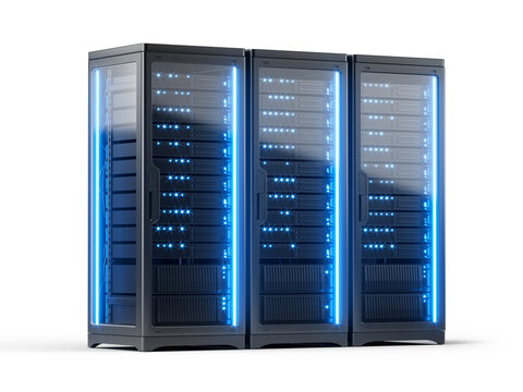 Black computer server rack tower isolated on transparent background - 3d illustration
