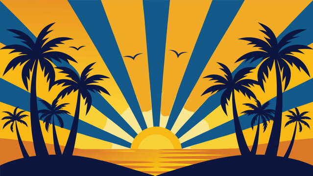 Stylized sunset beach illustration with palm trees silhouette tropical landscape vacation seascape background illustration colorful relaxing relaxation destination shoreline
