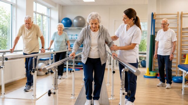 Senior Rehabilitation Walking Training with Physical Therapist in Modern Physiotherapy Clinic