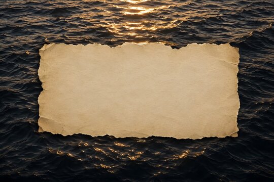 Torn Paper Mockup on Dark Ocean Water &ndash; Moody Coastal Background with Copy Space
