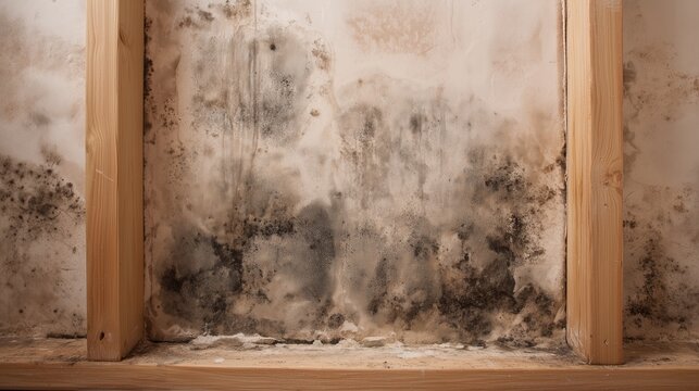 Hidden mold remediation scenario showing drywall cavity with visible mold stain, wood stud framing and moisture damage indicating concealed fungal growth risk.