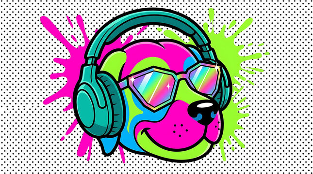 Colorful neon dog wearing headphones and sunglasses cool pop art graffiti vector