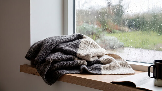 Knitted blanket and open book beside a rainy window, concept of comfort, relaxation and cozy indoor living