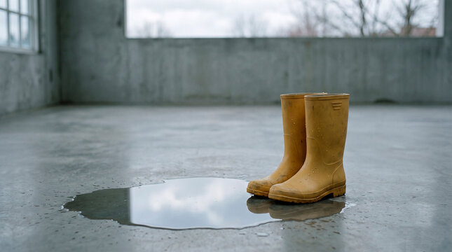 Yellow rain boots standing beside a puddle indoors, concept of rainy weather, childhood memories and seasonal protection