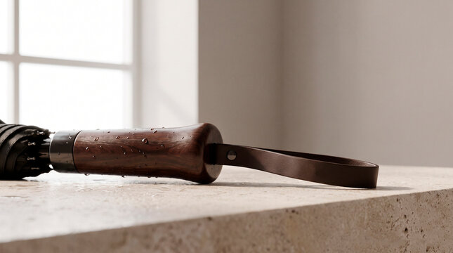 Wet wooden umbrella handle resting indoors, concept of craftsmanship, rainy weather and premium everyday accessories