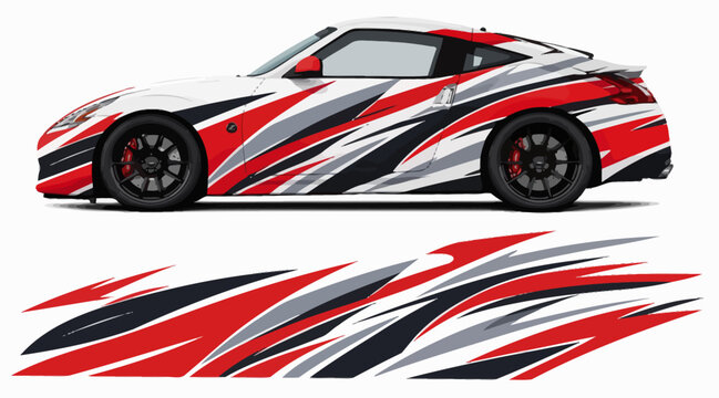 Red and white abstract wrapped sports car design.