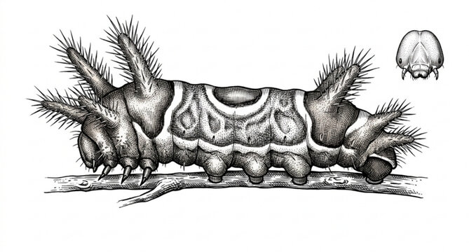 Victorian style caterpillar scientific engraving isolated on white background