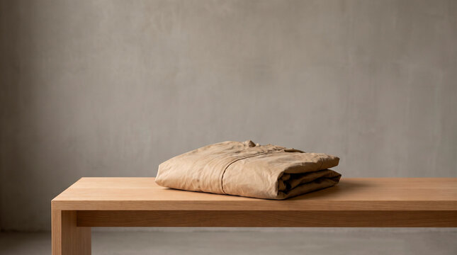 Folded beige raincoat placed on a wooden table, concept of organization, seasonal change and conscious everyday living