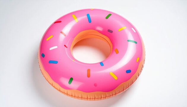 Pink inflatable donut pool float with sprinkles isolated on white background