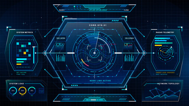Digital dashboard displays system metrics and radar telemetry data in a high-tech interface for monitoring operations