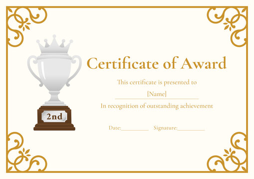 2nd Place Certificate of Award Template with Silver Trophy