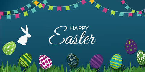 Easter greeting with decorated eggs bunny and colorful bunting illustration © bashanti