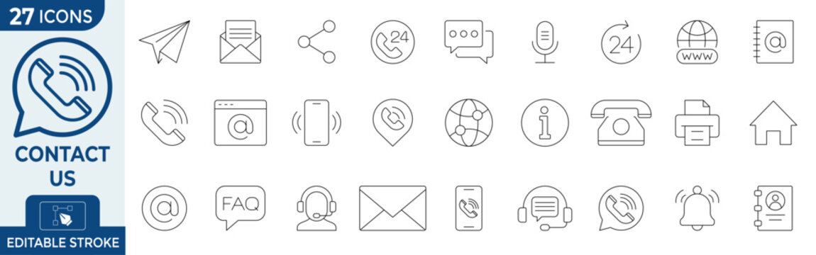 Contact us icon set with 27 line icons, customer service and support symbols, editable stroke vector elements for business communication and help desk