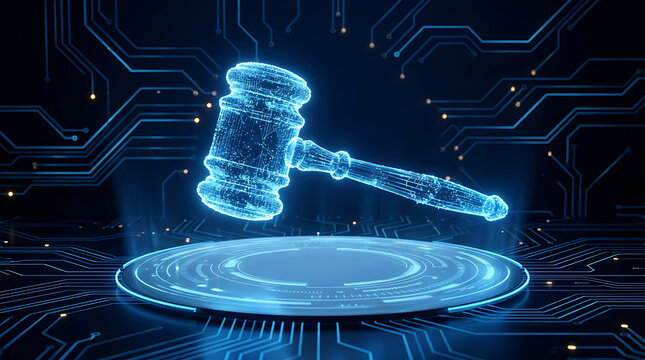 Glowing Holographic Judge Gavel on Digital Platform with Cyber Circuit Background