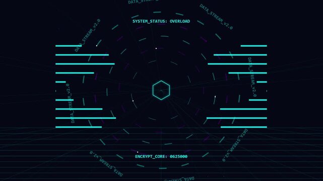 Futuristic digital data interface displaying system status and encryption