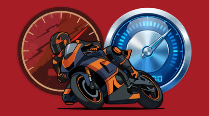 Motorcycle Racer in Dynamic Turn with Speedometer and Tachometer Gauges, Flat Design Vector Graphic, Representing Speed and Competition © Ari