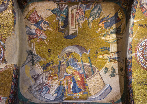 Golden mosaics on the vault of the esonarthex in the byzantine church of st. Savior in Chora, Edirnekapı, istanbul, Turkey