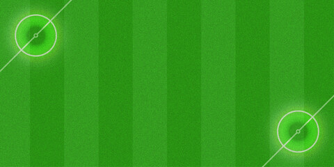 Green soccer field texture background with vertical lines and glowing corner kick markers for sport tournament banner design © Graphics
