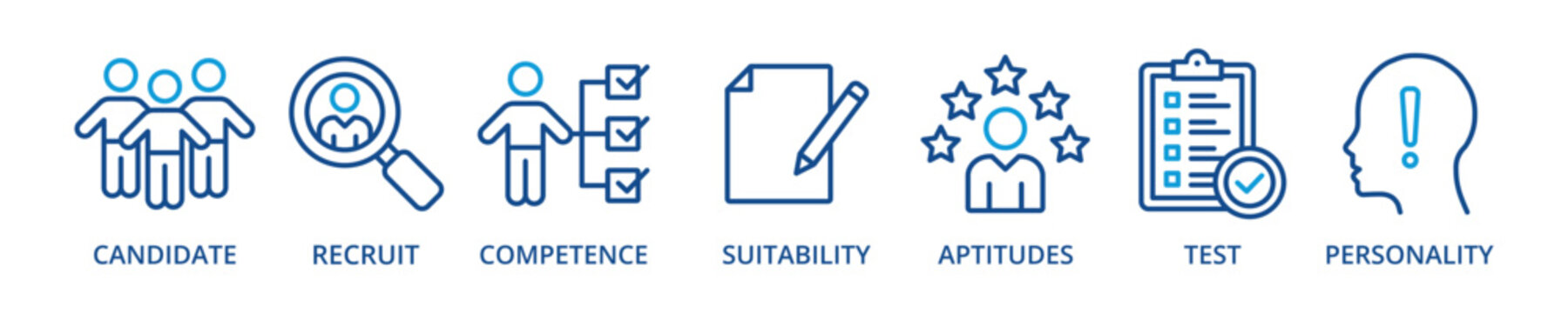 Assessment center outline color banner icon with candidate, recruit, competence, suitability, aptitudes, test, personality