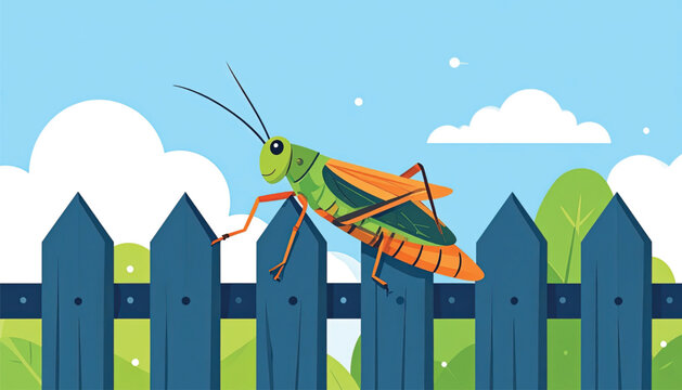 Green and orange grasshopper on fence.