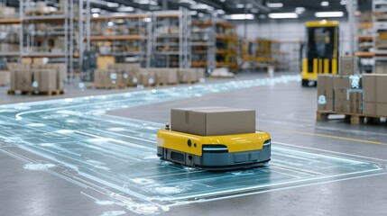 Fototapeta premium Robot traffic management system operates in a warehouse with glowing pathways guiding movement of delivery robots and safety controls.