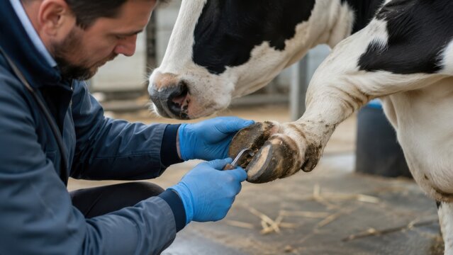 male veterinarian trimming and inspecting dairy cow hoof with metal tool in a barn, cattle hoof care, lameness prevention and livestock health concept