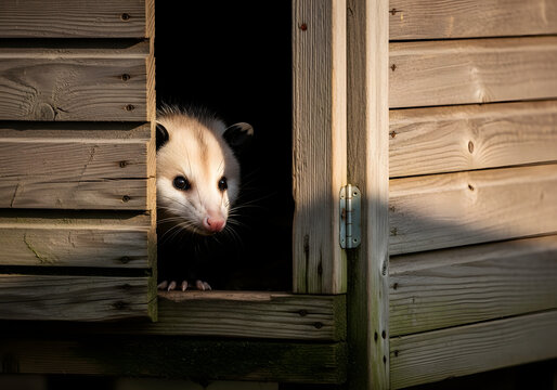 A curious opossum peeking out from the dark interior of a wooden chicken coop, isolated on transparent background, high detail image.