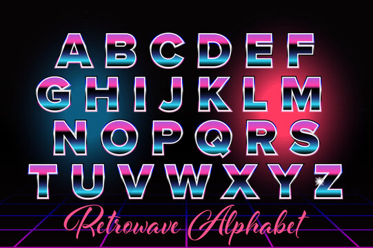 Retrowave Alphabet Vector Font with Neon Chrome 1980s Synthwave Letters