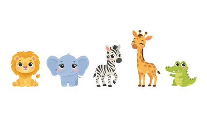 Fototapeta premium Cartoon group of five friendly animals standing together Vector