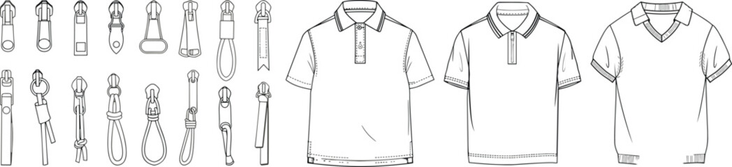 Fashion technical sketch template vector set featuring men's polo shirts in various collar styles alongside diverse zipper puller designs © MdAlamgir
