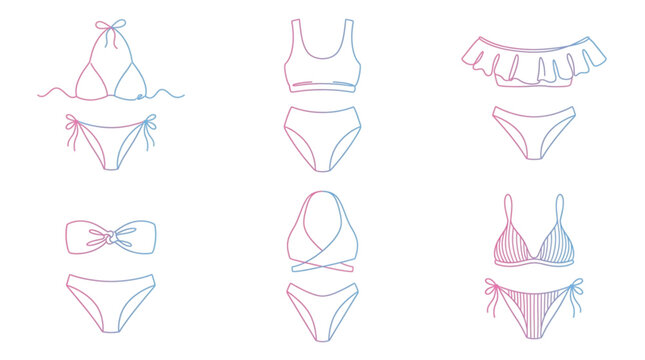 Bikini Line Art Illustration Set with Modern Swimsuit Outline Collection