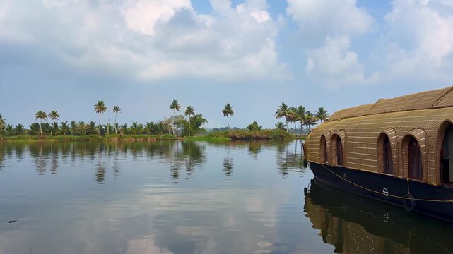 Traditional houseboats docked along the tranquil backwaters of Kerala, surrounded by lush tropical scenery