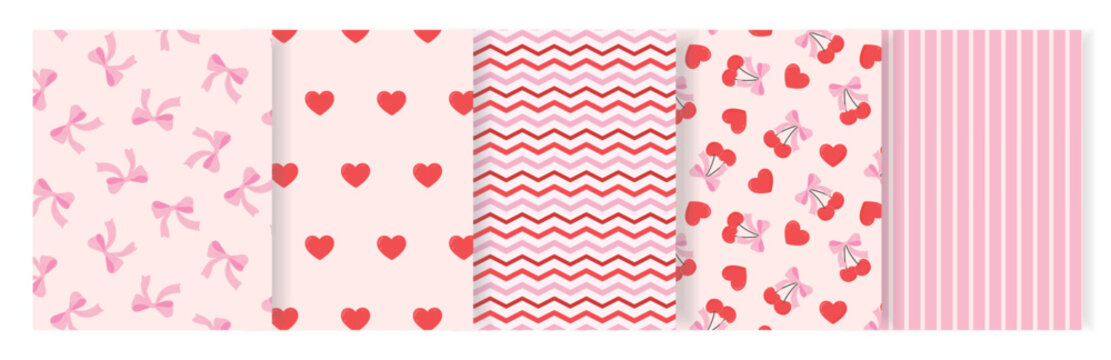 Coordinated seamless pattern set with pink ribbon bows, red hearts, chevron stripe, cherries and pinstripe design on blush background, sweet Valentine coquette print for fabric and stationery.