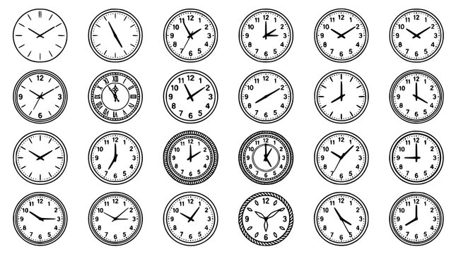 World Time Analog Clock Icons Vector Collection with Multiple Round Clock Faces