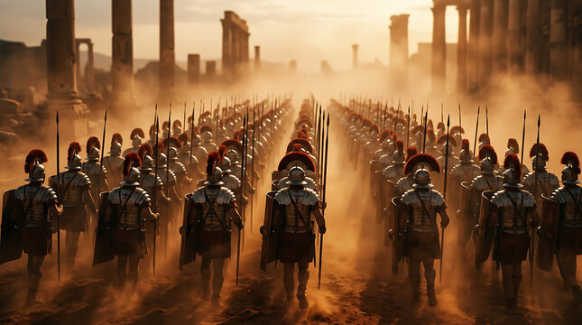 Ancient Roman legion soldiers marching through a desolate, dust-filled landscape at dawn, creating a powerful historical scene